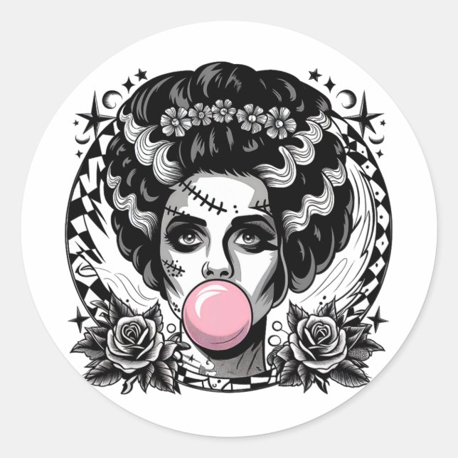 Frankenstein Monster And Bride Bubble Gum Funny Ha Classic Round Sticker (Front)