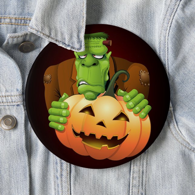 Frankenstein Monster Cartoon with Pumpkin 6 Inch Round Button (In Situ)
