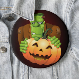 Frankenstein Monster Cartoon with Pumpkin 6 Inch Round Button