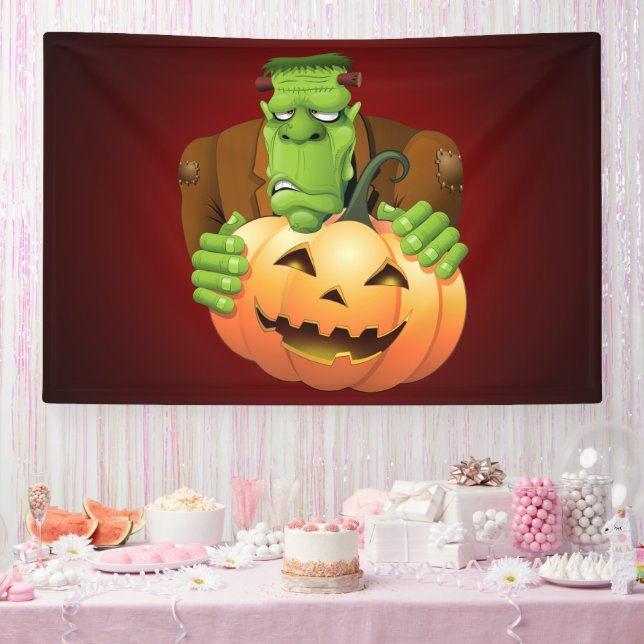 Frankenstein Monster Cartoon with Pumpkin Banner (Party)