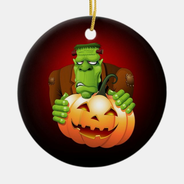 Frankenstein Monster Cartoon with Pumpkin Ceramic Ornament (Front)
