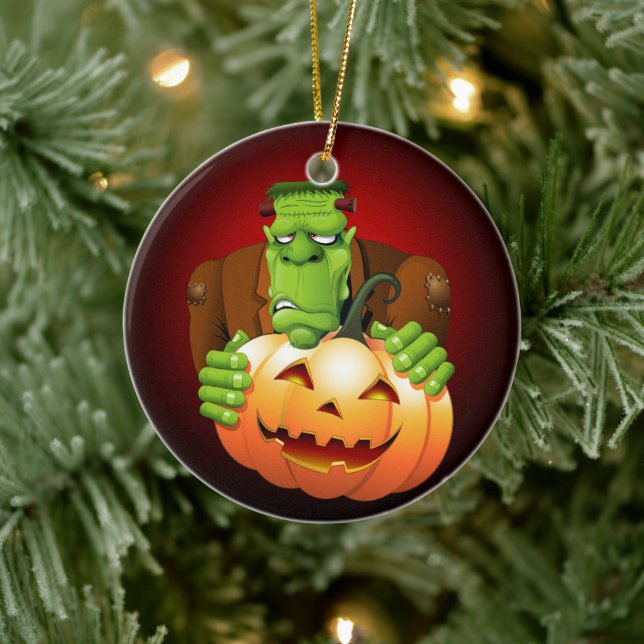 Frankenstein Monster Cartoon with Pumpkin Ceramic Ornament (Tree)