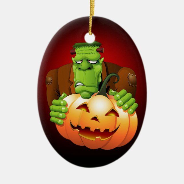 Frankenstein Monster Cartoon with Pumpkin Ceramic Ornament (Front)