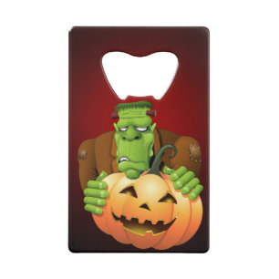 Frankenstein Monster Cartoon with Pumpkin Credit Card Bottle Opener