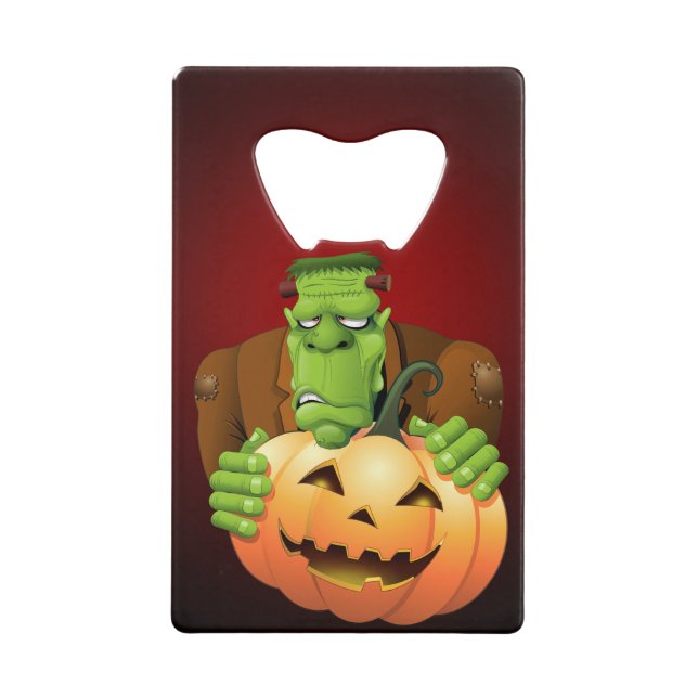 Frankenstein Monster Cartoon with Pumpkin Credit Card Bottle Opener (Front)