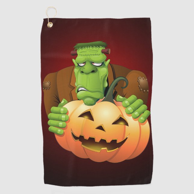 Frankenstein Monster Cartoon with Pumpkin Golf Towel (Front)