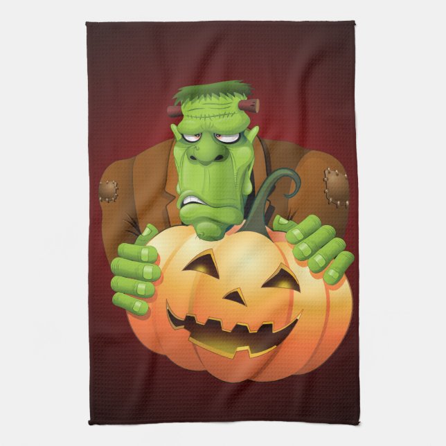 Frankenstein Monster Cartoon with Pumpkin Kitchen Towel (Vertical)