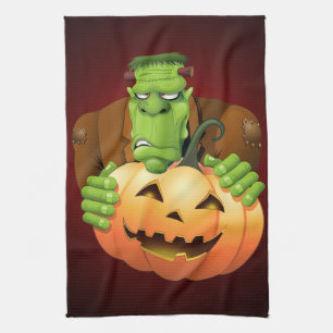 Frankenstein Monster Cartoon with Pumpkin Kitchen Towel