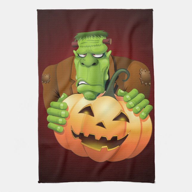Frankenstein Monster Cartoon with Pumpkin Kitchen Towel (Vertical)