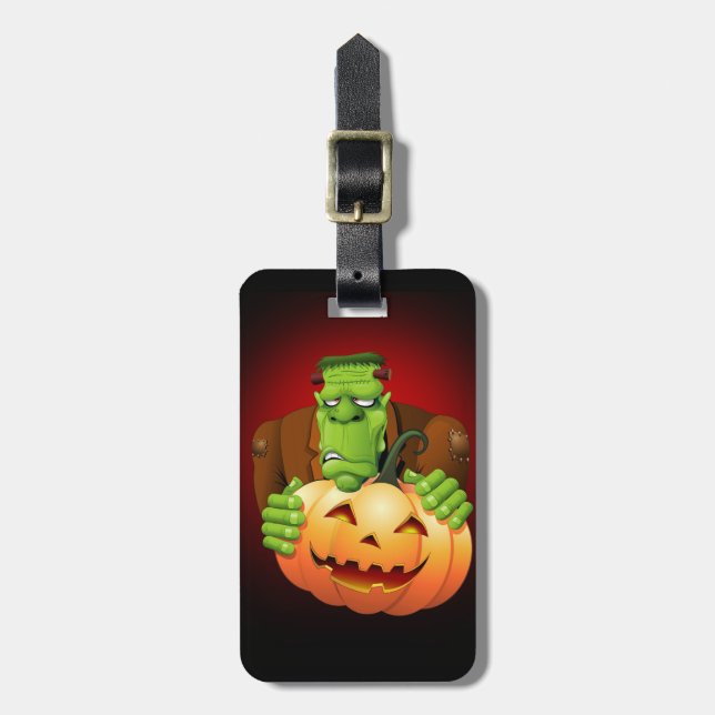 Frankenstein Monster Cartoon with Pumpkin Luggage Tag (Front Vertical)