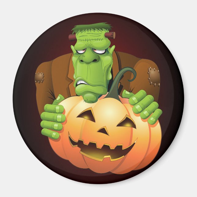 Frankenstein Monster Cartoon with Pumpkin Magnet (Front)
