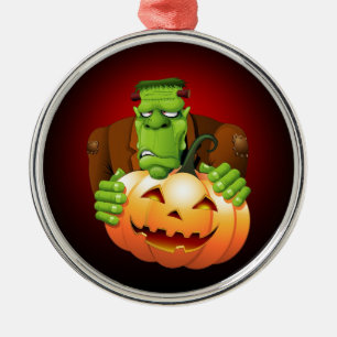 Frankenstein Monster Cartoon with Pumpkin Metal Ornament