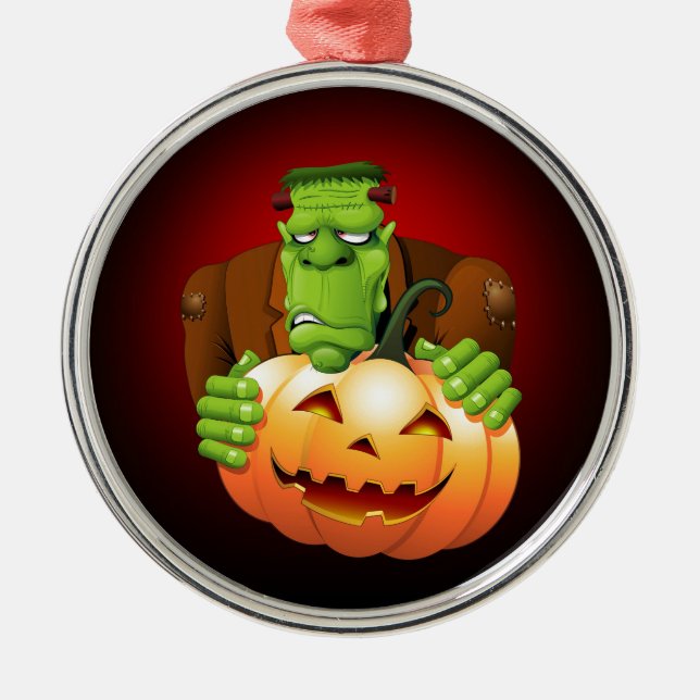 Frankenstein Monster Cartoon with Pumpkin Metal Ornament (Front)