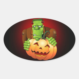 Frankenstein Monster Cartoon with Pumpkin Oval Sticker