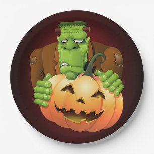 Frankenstein Monster Cartoon with Pumpkin Paper Plate