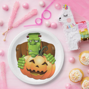 Frankenstein Monster Cartoon with Pumpkin Paper Plate
