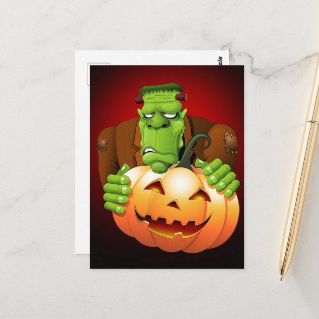 Frankenstein Monster Cartoon with Pumpkin Postcard (Front/Back In Situ)
