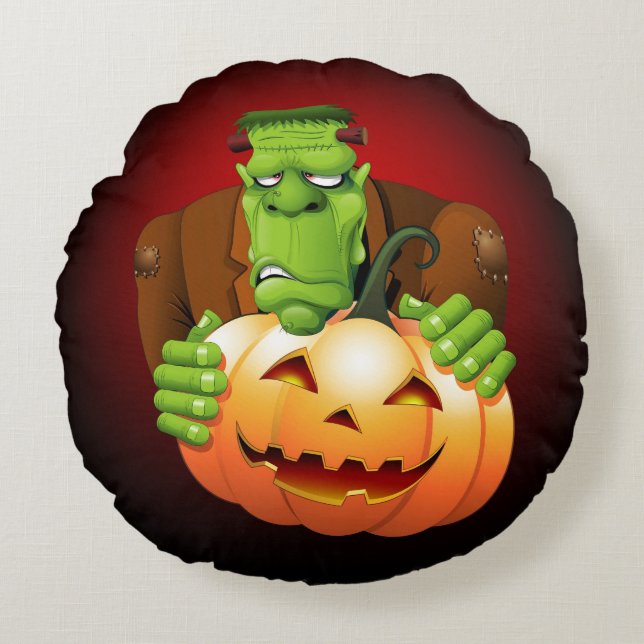 Frankenstein Monster Cartoon with Pumpkin Round Pillow (Front)