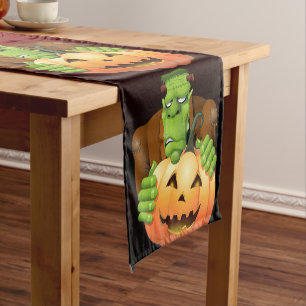 Frankenstein Monster Cartoon with Pumpkin Short Table Runner
