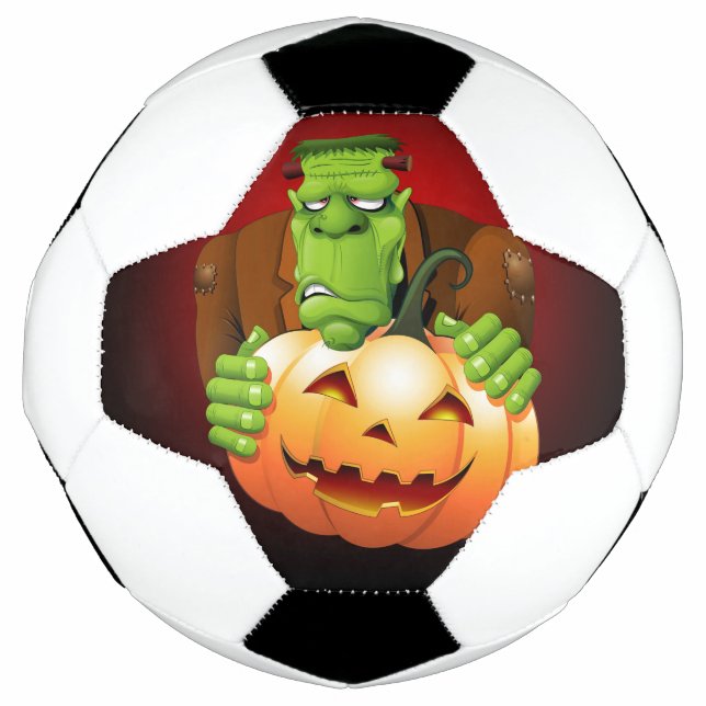 Frankenstein Monster Cartoon with Pumpkin Soccer Ball (Front)