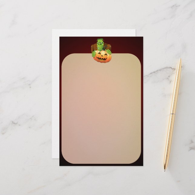 Frankenstein Monster Cartoon with Pumpkin Stationery (Front/Back In Situ)
