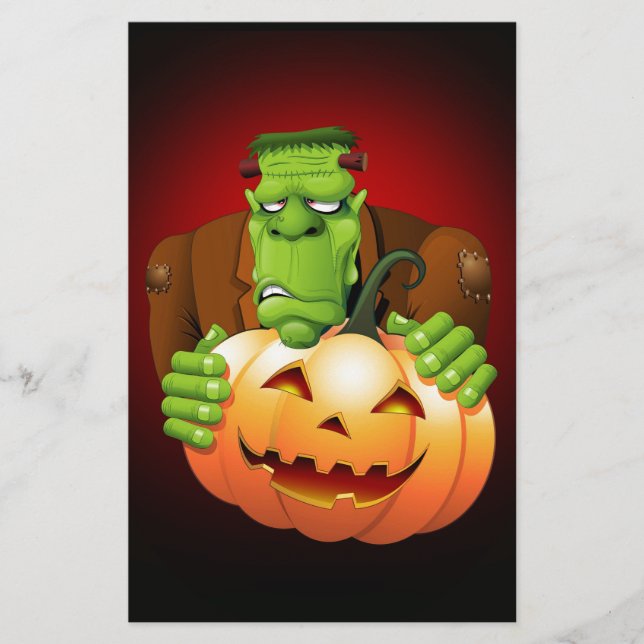 Frankenstein Monster Cartoon with Pumpkin Stationery (Front)