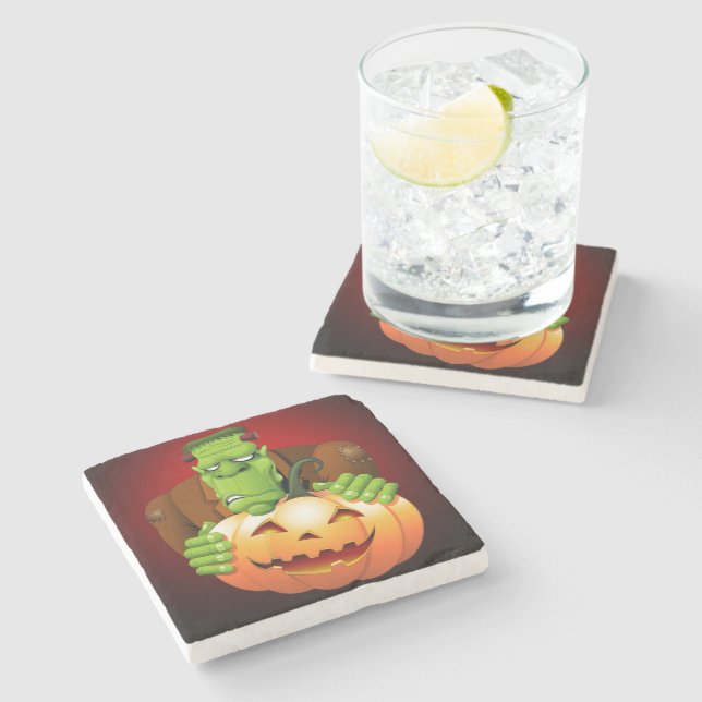 Frankenstein Monster Cartoon with Pumpkin Stone Coaster (Side)