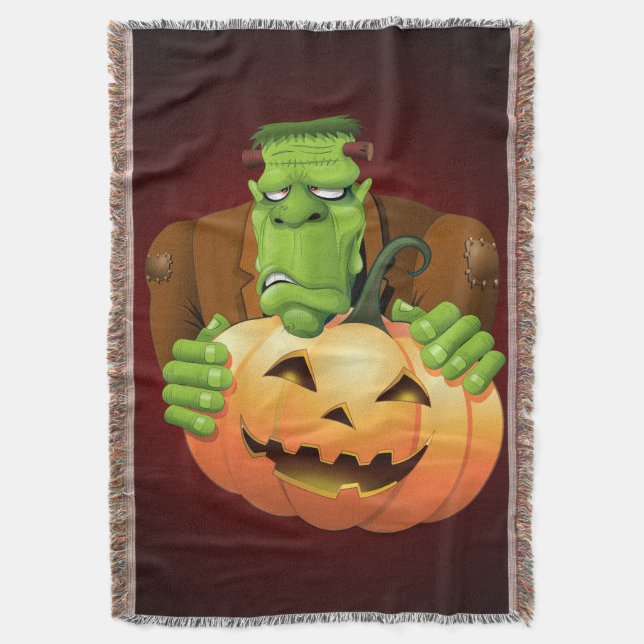 Frankenstein Monster Cartoon with Pumpkin Throw Blanket (Front Vertical)