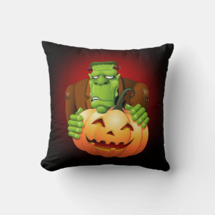 Frankenstein Monster Cartoon with Pumpkin Throw Pillow