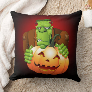Frankenstein Monster Cartoon with Pumpkin Throw Pillow