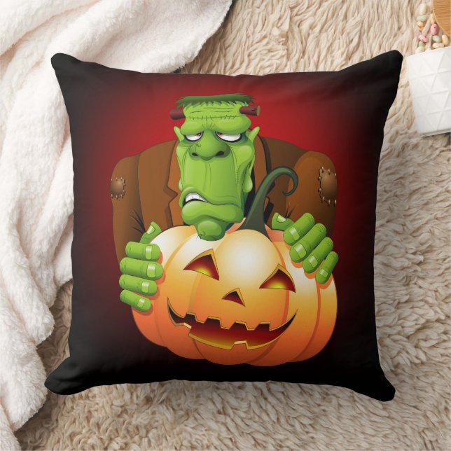 Frankenstein Monster Cartoon with Pumpkin Throw Pillow (Blanket)