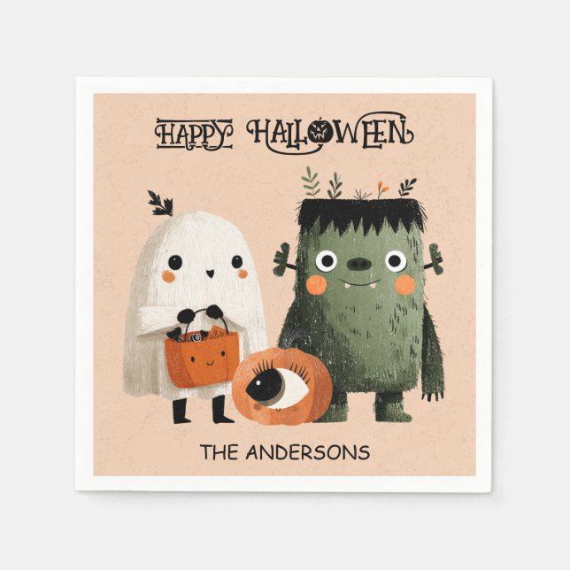 Frankenstein Monster& Ghost Spooky Cute Halloween Napkin (Front)