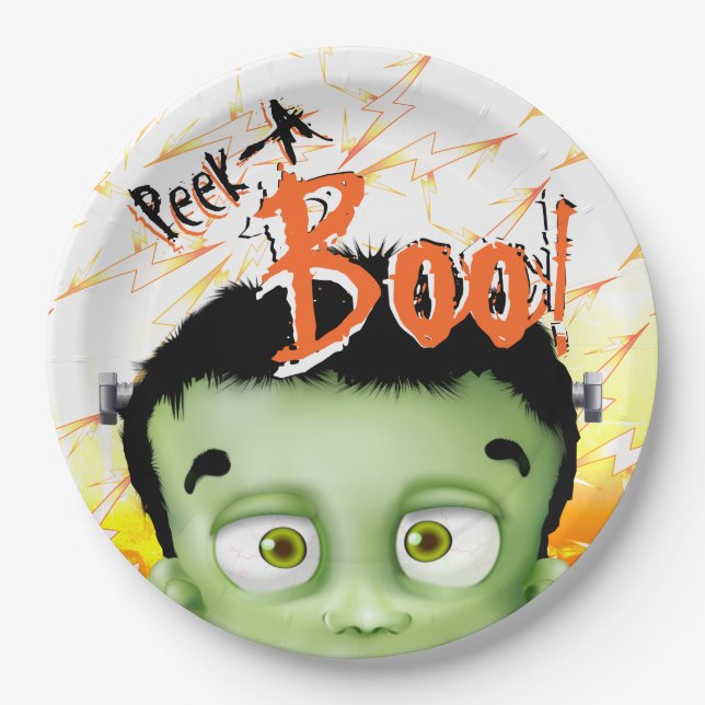 Frankenstein Monster Peek A Boo Birthday Party Paper Plate (Front)