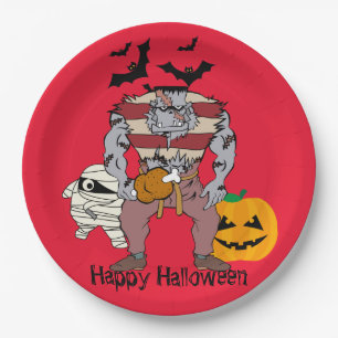 Frankenstein Mummy Pumpkin And A Bats Halloween Paper Plate
