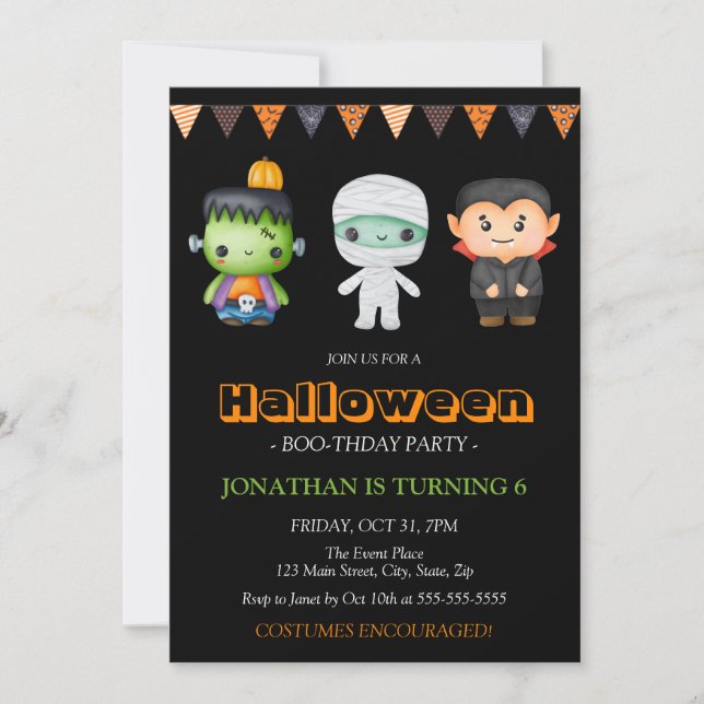 Frankenstein Mummy Vampire Halloween Birthday Invitation (Front)