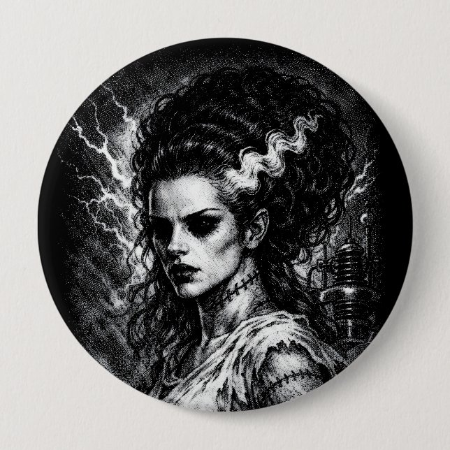 Frankenstein’s Bride — Resurrected by BurnsInHell 4 Inch Round Button (Front)