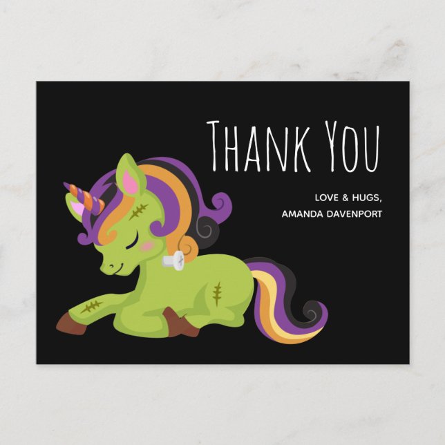 Frankenstein Unicorn Halloween Drawing Thank You Postcard (Front)