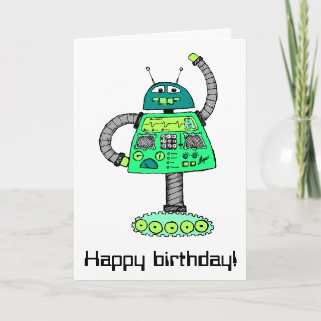 Frankie robot, green on white card (Front)