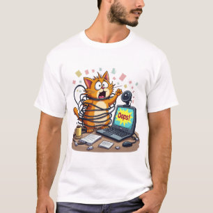 Frantic Cat Cable Chaos Remote Work Oops T-Shirt