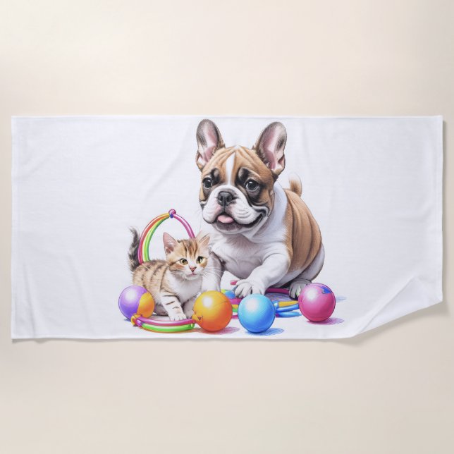 Französische Bulldogge French Bulldog mit Katze Beach Towel (Front)
