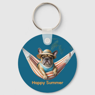 französische Bulldogge Happy Summer auf Hängematte Keychain