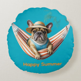 französische Bulldogge Happy Summer auf Hängematte Round Pillow
