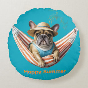 französische Bulldogge Happy Summer auf Hängematte Round Pillow