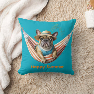 französische Bulldogge Happy Summer auf Hängematte Throw Pillow