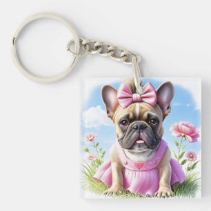 Französische Bulldogge Hündin mit Haarschleife Keychain