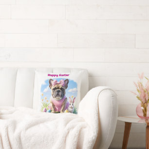 Französische Bulldogge Hündin mit Osterhase Throw Pillow
