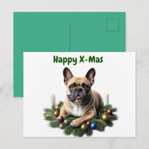 Französische Bulldogge im Adventskranz  Holiday Postcard