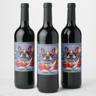 Französische Bulldogge Lichterkette Weihnachten Wine Label