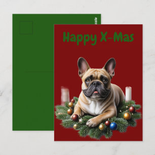 Französische Bulldogge liegt im Adventkranz Postcard