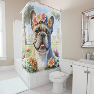 Französische Bulldogge mit Blumenkranz